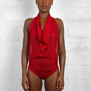 Sheer Glitter Cowl Neck Bodysuit - BLACK GLITTER